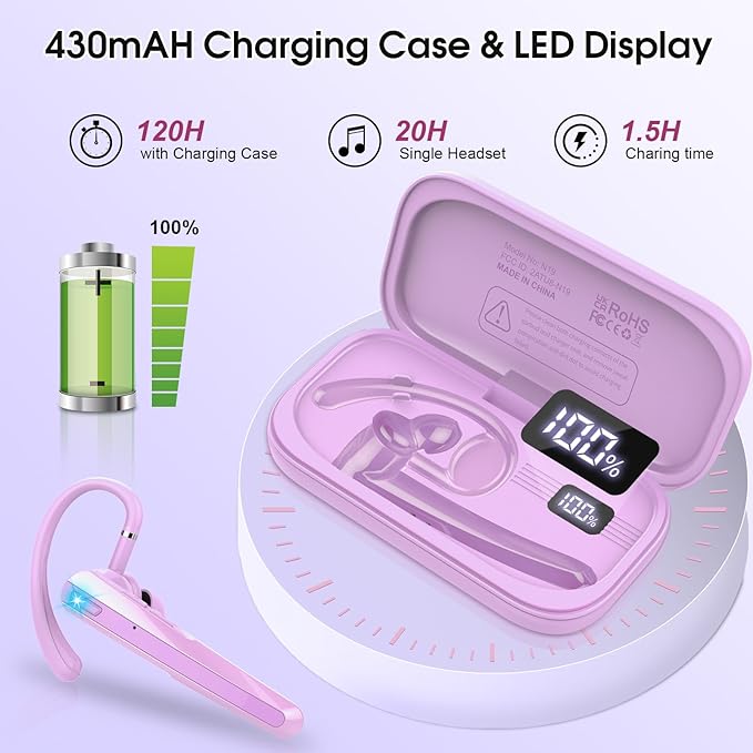 Bluetooth Headset V5.3, Wireless Earpiece with Dual ENC Noise Canceling Mic, 120H Hand-Free Talk Single-Ear Bluetooth Earpiece with LED Display, IP7 Waterproof Headphones for Trucker/Business, Purple