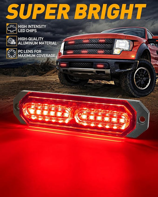HLauto 1200T Emergency Strobe Grille Lights: 8pcs 12 LED Sync Feature Safety Warning Flashing Lights, Ultra Slim Surface Mount Hazard Caution Lights for Trucks, Vehicles, Car, ATV, UTV (Red)