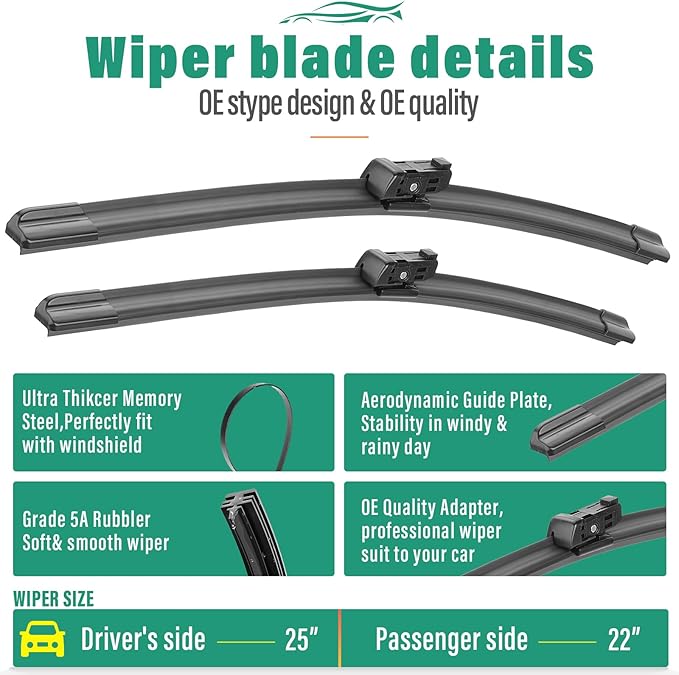 25" 22" 15" Windshield Wiper Blades Replacement for VW Volkswagen Tiguan 2018 2019 2020 2021 2022 2023 2024 2025 Premium All Weather Front Rear Wipers Set - OEM Quality (Pack of 3)