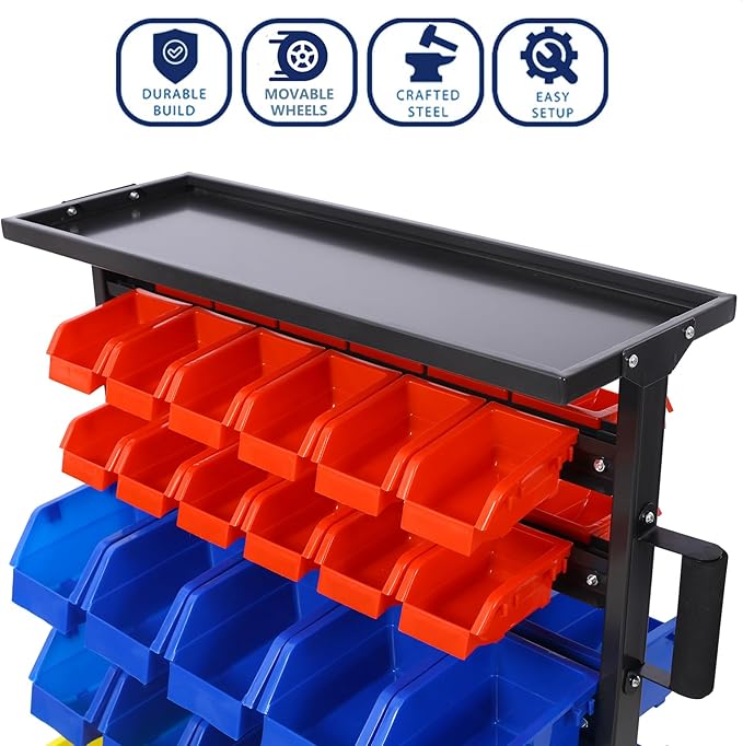60 Parts Bin Rack Garage Storage Unit 6 Tiers System Steel Shelf with Portable Wheels, Mobile Tool Organizer Plastic Bins, for Men Birthday Gift (6 Tiers)