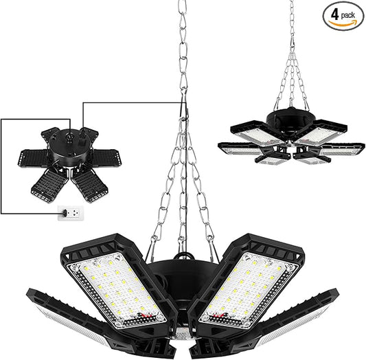 LED Garage Lights 4 Pack -180W, 18000LM 6500K Led Shop Light with 6+1 Deformable Panels, Basement Barn Light Garage Ceiling Lights, E26/E27 for Garage, Warehouse, Shop, Basement