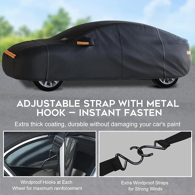 Hatchback Car Cover Waterproof All Weather for Automobiles，Outdoor Heavy Duty Full Exterior Covers with Zipper Door, Rain Sun Snow Dust UV Protection, Windproof Straps & Reflective Strips(Up to 165")