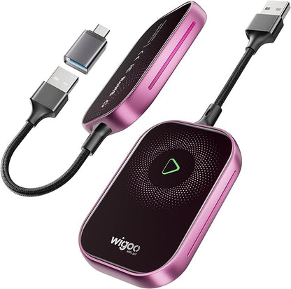 Wigoo 2025 Upgrade Wireless CarPlay Adapter for iPhone [Long-Drive Stability, 10s Connect, Easy Use] Converts Wired to Wireless, Low Delay CarPlay Dongle, Fit for Cars with Wired CarPlay, Pink