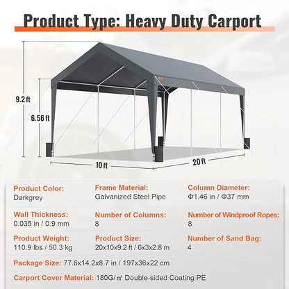 VEVOR Carport Car Canopy 10x20ft, Upgraded Heavy Duty Car Port Garage Boat Shelter Party Tent with 8 Reinforced Poles and 4 Weight Bags, UV Resistant Waterproof Tarp for SUV, Truck, Boat