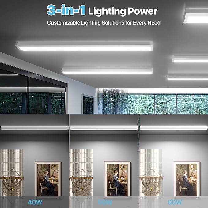 HYPERLITE 4ft LED Wraparound Light 60W,6600LM 4' LED Shop Lights Fixture with 3 Wattages for Garage,4000K Neutral White Wrap Light AC120V, 48inch Led Light Fixtures for for Garage, Office, Kitchen