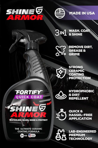 SHINE ARMOR Ceramic Coating Fortify Quick Coat Car Wax Polish Spray Waterless Wash & Wax Hydrophobic Top Coat Polish & Polymer Paint Sealant Detail Protection (24 Fl Oz)
