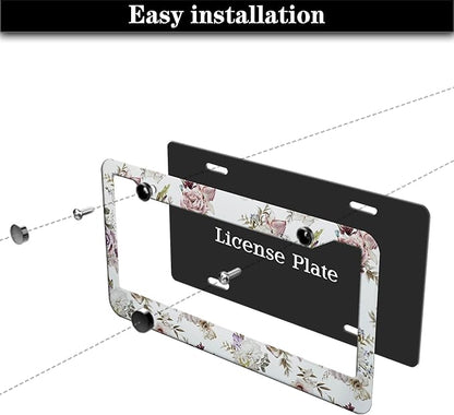 License Plate Bracket for Women Multicolor License Plate Frames for Men Vintage Floral Aluminum Metal Car Accessory 2 Pack with Screw Covers Set
