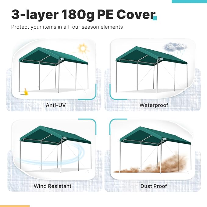 ADVANCE OUTDOOR Adjustable 10x15 ft Heavy Duty Carport Car Canopy Garage Boat Shelter Party Tent, Adjustable Height from 9.5 ft to 11 ft, Green