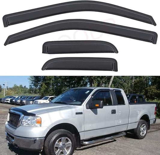 Set of 4 Front+Rear Smoke Sun Rain Guard Outside Mount Tape-On Acrylic Window Visors Compatible with 04-14 F-150 Super/Extended Cab with Half Size Suicide Back Doors