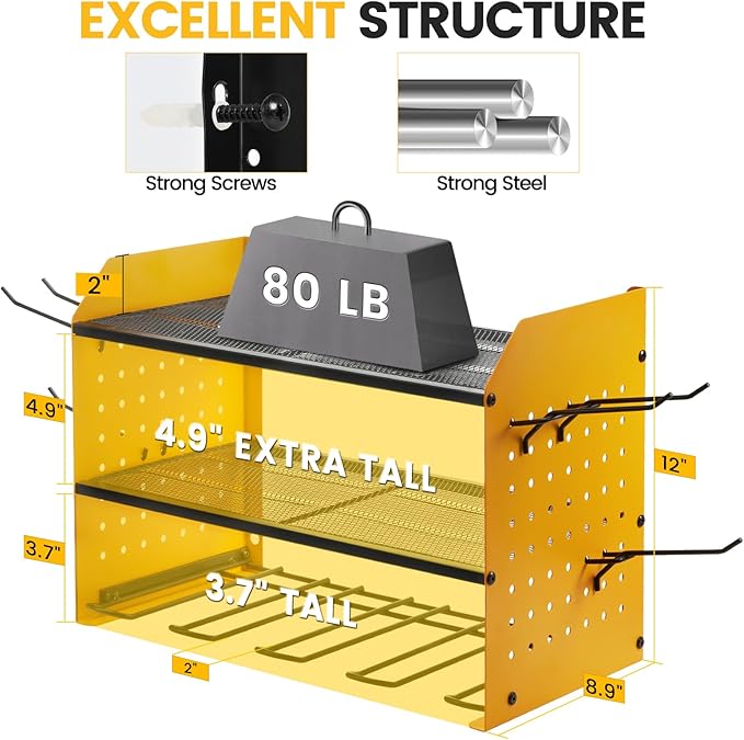 TRZZ Power Tool Organizer Wall Mount, 3-Layer Drill Holder with 2 Side Pegboards, Cordless Drill Rack with 4 Hooks, Efficient Storage for Workshop, Garage, and Tool Room (Yellow)