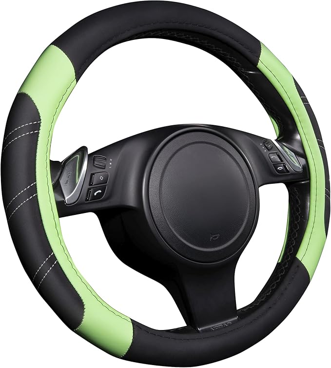 CAR PASS Line Rider Microfiber Leather Sporty Steering Wheel Cover Universal Fits for 95% Truck,SUV,Cars 14.5-15inch, Anti-Slip Safety Comfortable Design (Glows Lime Fluorescent Green)