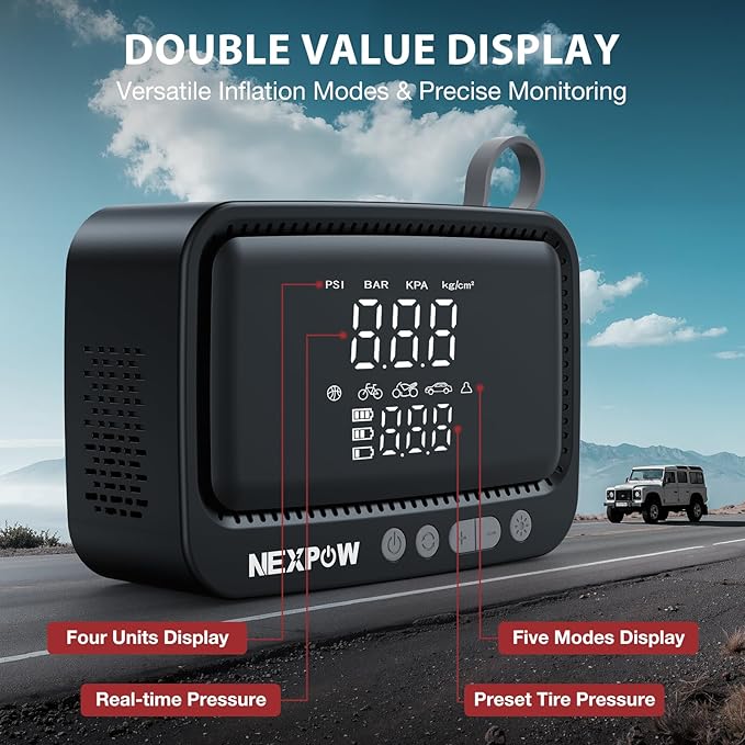 NEXPOW Tire Inflator Portable Air Compressor, 150 PSI Cordless Air Pump for Car Tires with Digital Pressure Gauge & Auto Shut-Off, Air Compressor Portable for Car, Motorcycle, Bicycle, Balls, Gray