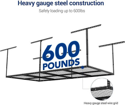 FLEXIMOUNTS 3x8 Overhead Garage Ceiling Storage Rack, Adjustable Garage Organization System, Heavy Duty Metal, 600lbs Weight Capacity, Black