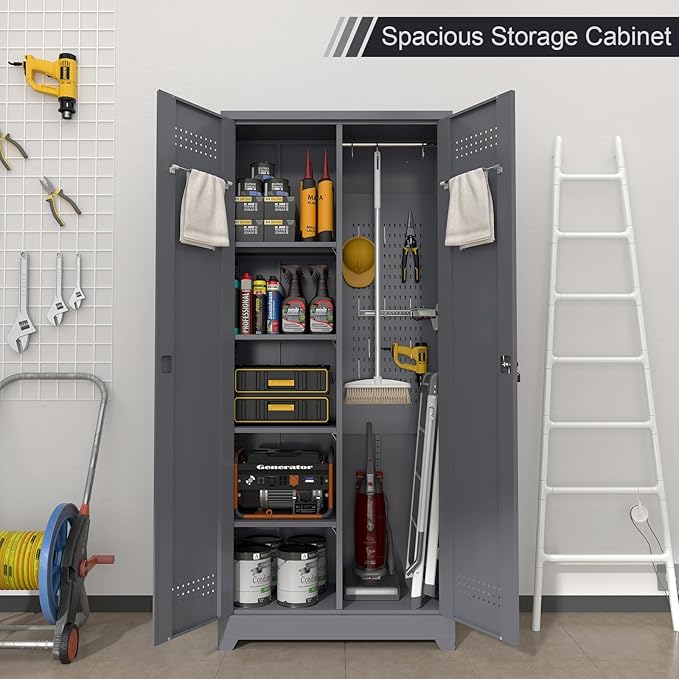 GREATMEET 72.8" Broom Storage Cabinet，Metal Storage Cabinets for Cleaning Supplies with Pegboard, Utility Closet, Broom Mop Cabinet, Grey