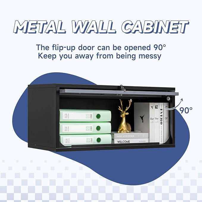 Metal Wall Storage Cabinet with Up-flip Door, Wall-Mounted Storage Cabinet for Garage, Warehouse, Home, Office, Assembly Required (Black Grey, One Cabinet), WC-0725