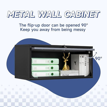 Metal Wall Storage Cabinet with Up-flip Door, Wall-Mounted Storage Cabinet for Garage, Warehouse, Home, Office, Assembly Required (Black Grey, One Cabinet), WC-0725