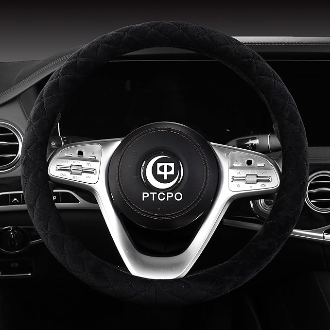Soft Car Steering Wheel Cover for Sedan, SUV, Warm Luxury Velvet, Odorless, Universal, Anti Slip, Summer Winter, Black, Standard Size[14" 1/2-15"](37-38cm)
