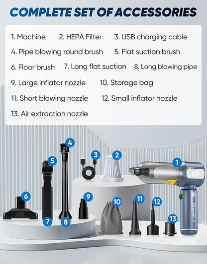 Mini Vacuum Cleaner, Cordless Car Vacuum, 17500PA High Suction, 3 in 1 Handheld Vacuum, Vacuuming, Blowing, Inflating, Deflation, Portable Vaccum with HEPA Filter for Cars,Desktop,Home SW106