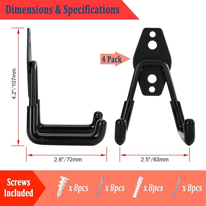 4 Pack Garage Hooks, Garage Tool Organizer Wall Mount, Heavy Duty for Utility Organizer, Steel Utility Garage Hooks for Ladders, Garden Tools, Bike