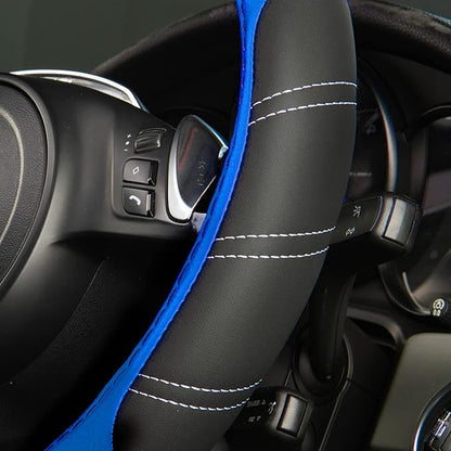 CAR PASS Line Rider Microfiber 14 Inch Leather Sporty Steering Wheel Cover Universal Fits for Truck,SUV,Cars, Anti-Slip Safety Comfortable Desgin (Black-Blue)