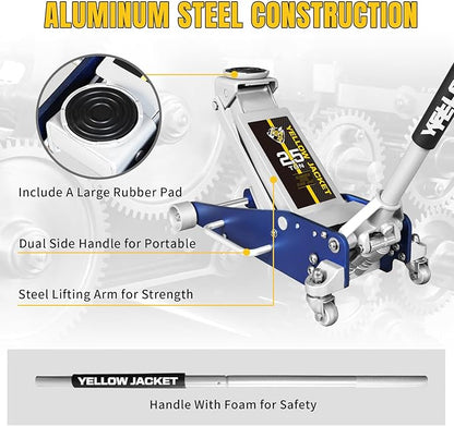 YELLOW JACKET Floor Jack 2.5 Ton Hydraulic Low Profile Aluminum and Steel Racing Car Jack with Fast Lifting Dual Pump, 5500 lbs Capacity