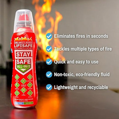 LifeSafe Technologies StaySafe All-in-1 Portable Fire Extinguishing Spray | Compact Fire Spray Smothers 10 Types of Fires | Non-Toxic, Non-Hazardous & Eco-Friendly for Home, Kitchen and Garage