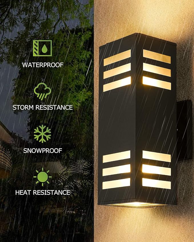 harriet Porch Lights Outdoor Modern - IP64 Waterproof Aluminum and Tempered Glass Cover, 13" Rectangular Up/Down Wall Sconce for Porch, Garage & Patio, Exterior Lighting, Black