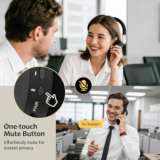 Wireless Headset with Mic for Work, Bluetooth Headphones with Microphone, Hybrid Mode Wireless/Wired, Dual AI Noise Cancellation, Retractable Boom Mic, USB Dongle & Mute for Home/Office/PC/Cell Phones