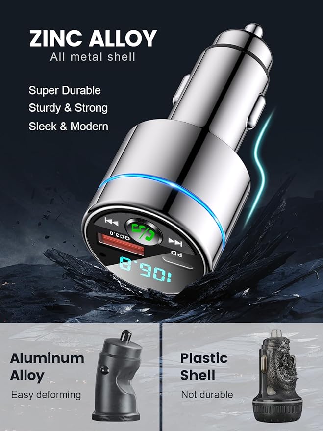 FM Transmitter for Bluetooth 5.3, [All-Metal] PD 30W & QC3.0 18W Fast Car Charger, Wireless FM Radio Kit Bluetooth Car Adapter, Noise Cancelling Hands-Free Call, Blue Light - Silver