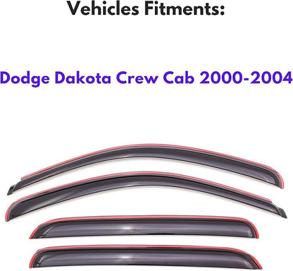 KPY Window Visor Compatible with Dodge Dakota Crew Cab 2000-2004, 4PC Rain Guard Side Window Vent Deflectors in-Channel Style, 2000 2001 2002 2003 2004