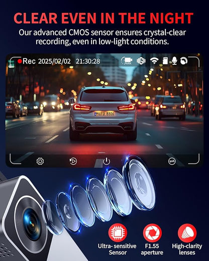 Dash Cam Front and Rear, 4K Full HD Dual Dash Camera for Cars, Built-in Memory Card Monitoring, 64GB Card, 5G WiFi GPS, Car Camera with 3" IPS Screen, 2160P Night Vision, Parking Monitor