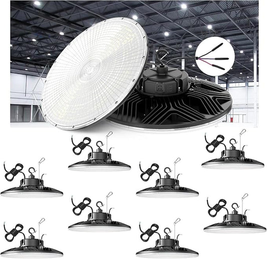 UFO LED High Bay Light, 240W/200W/150W Adjustable, UL & DLC Listed 5000K/4000K/3000K Adjustable, 33600LM 0-10V Dimmable IP65 Waterproof High Bay Lights AC100-277V for Warehouse Factory(9 Pack)