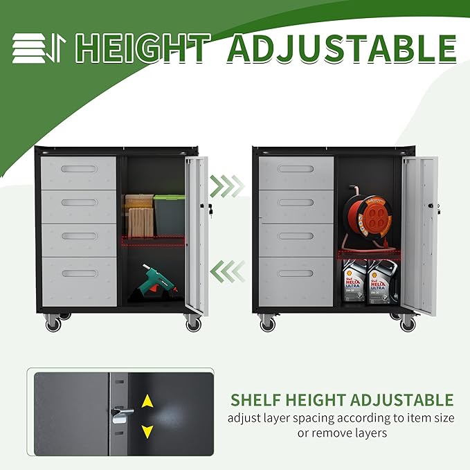 Metal Garage Storage Cabinet with Wheels,Locking Rolling Tool Cabinet with Drawers and Shelves for Home, Office, Garage & Workshop