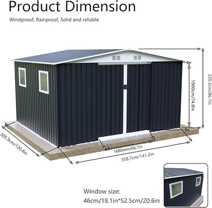 12x10 FT Outdoor Storage Shed with 4 Windows, Durable Metal Garden Sheds w/Updated Frame and Lockable Sliding Doors, Waterproof All-Weather Shelter Tool House for Backyard, Patio, Lawn, Grey