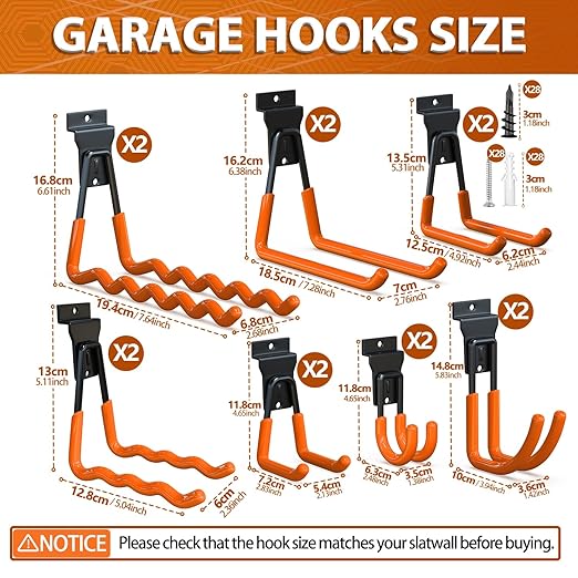 3-H Slatwall Accessories 14 Pack, Slatwall Hooks & Hangers 7 Sizes, Slat Wall Hanging Hooks, Proslat Accessories for Garage Wall Panels Organzing Garden Tools Chairs Ladder(Orange)