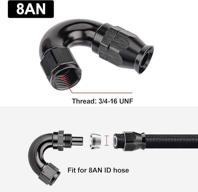 EVIL ENERGY 8AN 150 Degree PTFE One Piece Full Flow End Hose Fitting Aluminum Black