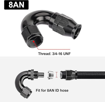 EVIL ENERGY 8AN 150 Degree PTFE One Piece Full Flow End Hose Fitting Aluminum Black