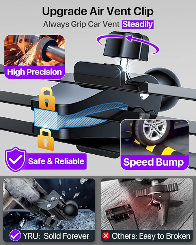 [2025 Upgrade Extreme Strong Suction] YRU Car Phone Holder Mount,[Bumpy Road Stable]Dashboard Cell Phone Holder for Car Vent Windshield Phone Stand for iPhone 16 15 14 13 Pro Max Samsung Truck, Purple