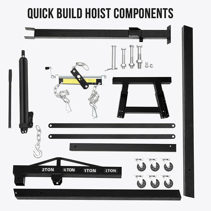 2 Ton Hydraulic Engine Hoist with Lever Stabilizer , Cherry Picker Engine Hoist, 4400LBS Heavy Duty Garage Crane with 6 Swivel Casters & Adjustable Telescopic Boom, for Auto Repair & Workshop (Black)