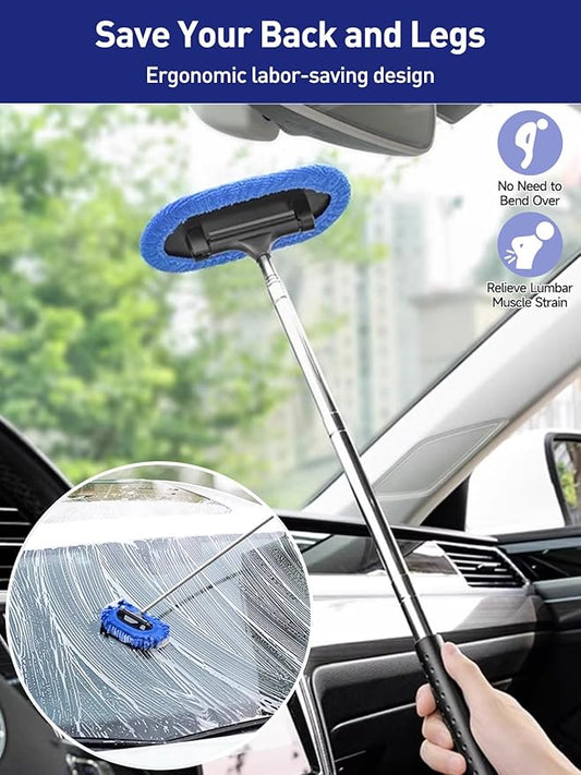 3 in 1 Car Windshield Cleaner Tool 40”Car Rearview Mirror Wiper Squeegee Wash Brush Extra Large Washable Microfiber Pad Extendable Handle Auto Window Glass Cleaning Kit Interior Exterior Dusting