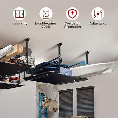 Adjustable Garage Ceiling Storage Racks, Garage Overhead Storage Bracket,Ceiling Mounted Heavy-duty Garage Storage Shelves,33 in. x 34 in,200lbs Weight Capacity, Black