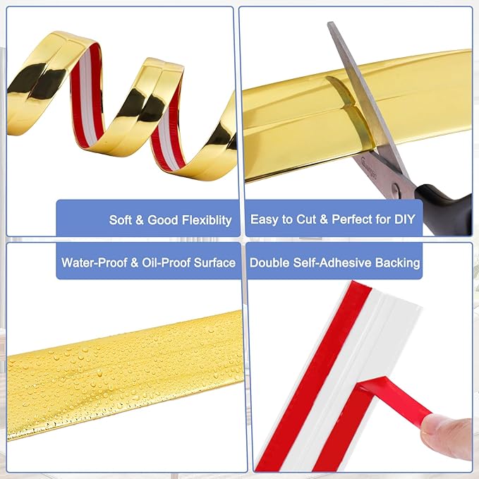 Wall Corner Protector Moulding Trim Peel and Stick Wall Corner Guards Trim Flexible Self Adhesive Edge Protector Moulding, 1.6 in x 20 Ft, Gold