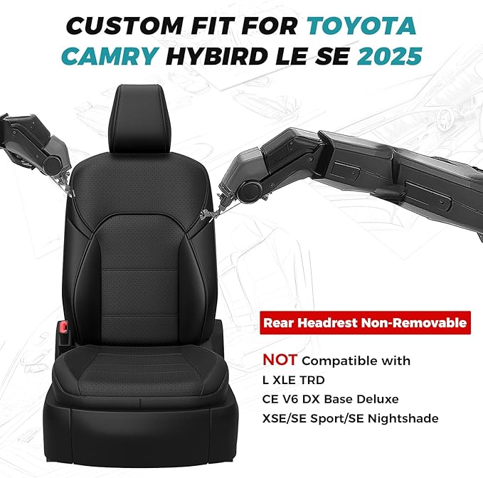 Leather Seat Covers for Toyota Camry 2025 LE SE Hybrid - Custom Fit Car Seat Cover Full Set, Luxury Waterproof Interior Accessories, Breathable Automotive Cushion Protectors, Black