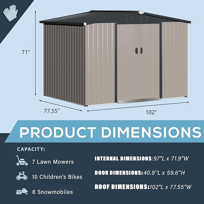 U-MAX 8 x 6 Ft Outdoor Shed, 6x8 Outdoor Storage Metal Cabinet Sheds & Outdoor Storage Clearance (Sliding Door), Garden Metal Shed for Yard in Grey