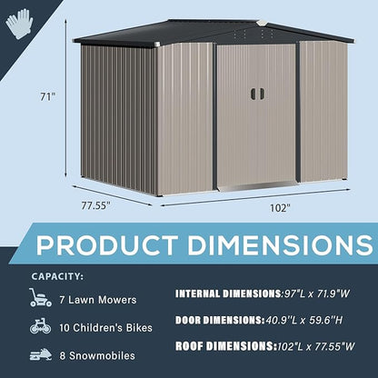 U-MAX 8 x 6 Ft Outdoor Shed, 6x8 Outdoor Storage Metal Cabinet Sheds & Outdoor Storage Clearance (Sliding Door), Garden Metal Shed for Yard in Grey