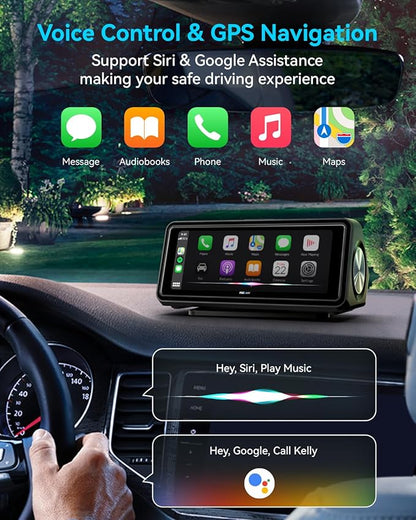 Portable Apple Carplay Screen for Car, Touch Screen with Wireless Android Auto, Car Audio Receivers with Voice Control, Mirror Link, Music Play, GPS Navigation, Built-in Customized Speakers (Black)