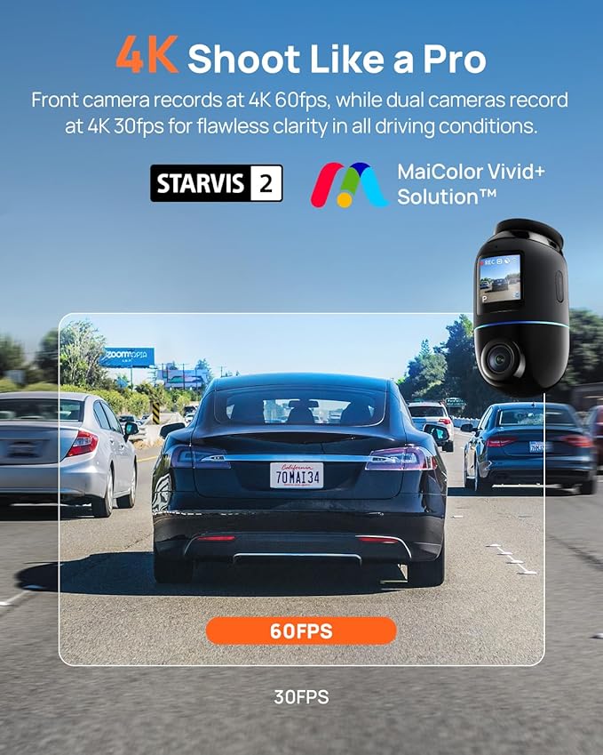 70mai Dual Dash Cam Front and Rear 4K, Car Camera for Cars with Sony IMX678, STARVIS 2 Night Vision, 4G LTE, AI Motion Detection, ADAS, 5GHz Wi-Fi 6, Parking Monitor, Voice Control (4K Omni X800)