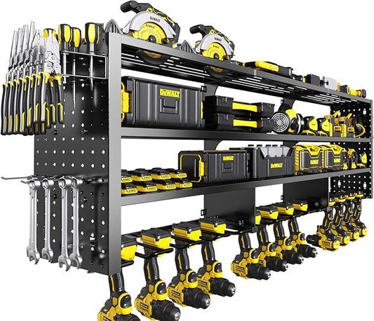 Large Power Tool Organizer Wall Mount, 4 Layer 49" W Heavy Duty Metal Tool Storage Rack with 12 Drill Holder, Utility Racks for Garage Workshop, Ideal Garage Organization Gifts for Men