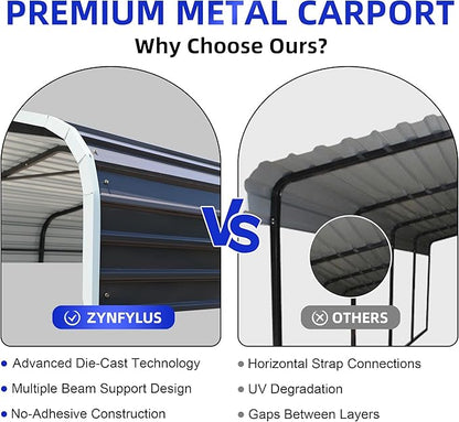 12x24 Metal Carport with Base Fixings Heavy Duty Garage Outdoor Chrome Plated Frame and Sheet Metal Construction Suitable for Boats, Cars, Tractors and Agricultural Equipment, Dark Gray