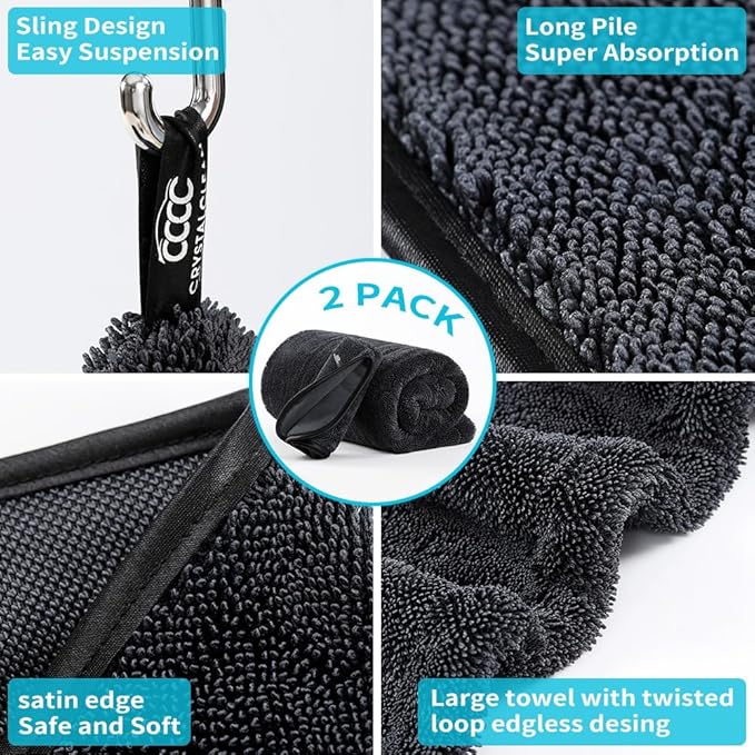 Crystal Clean 1300GSM Microfiber Towels for Cars – XL Drying Towel 2-Pack (24x36 & 12x12) with Double Twisted Loop, Professional Detailing Towel Car Detailers - Quick Dry, Paint Safe & Swirl-Free